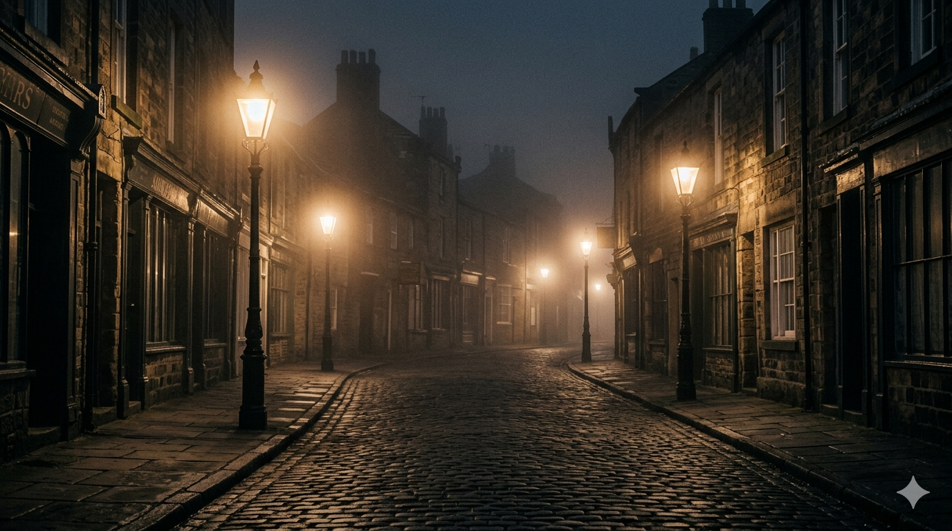 A dark, foggy Yorkshire street at night — cobblestones and old stone buildings lit by dim lanterns