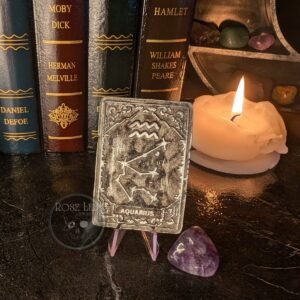 Aquarius Zodiac Tarot Card – Handcrafted Pewter with Amethyst Crystal